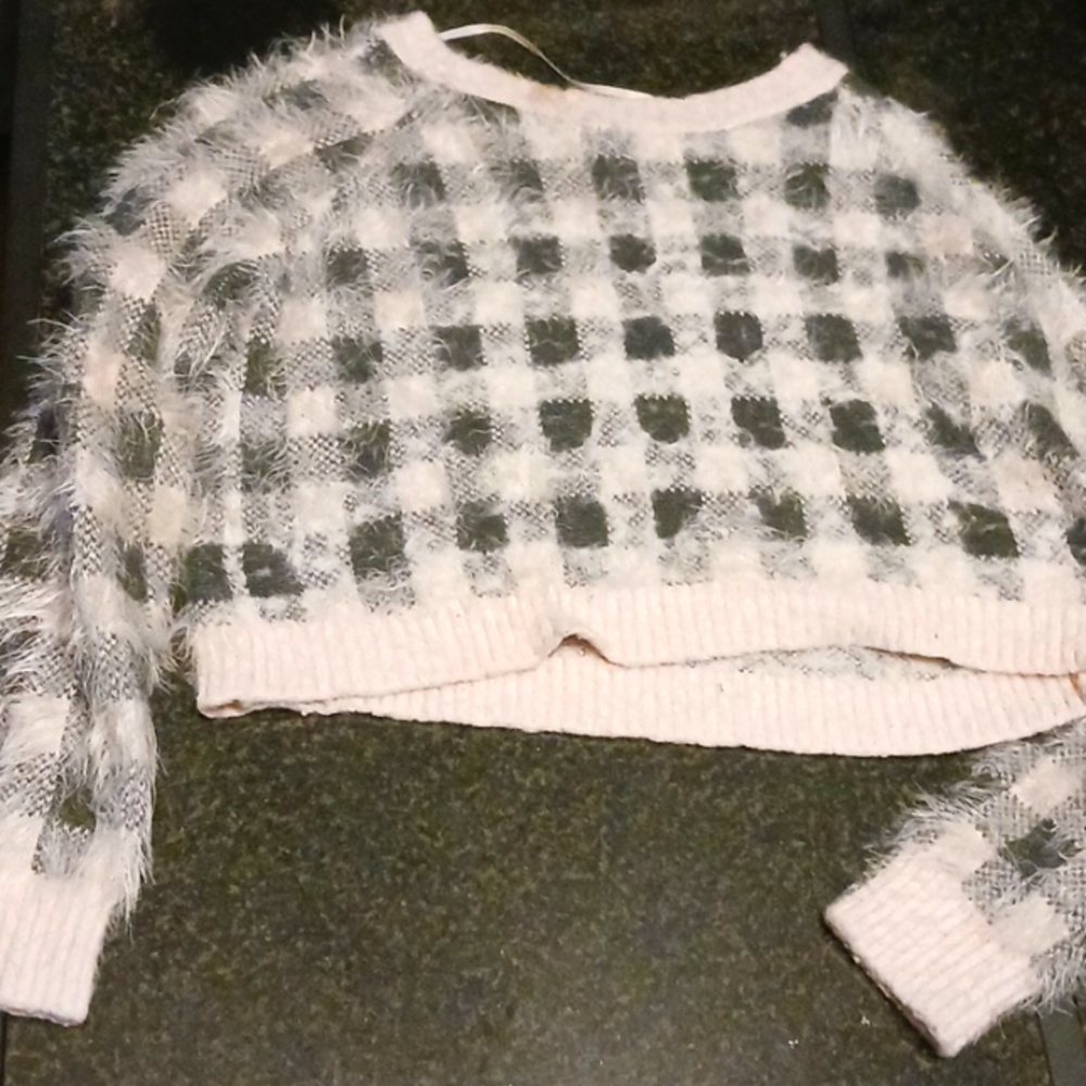 Pink and black checkered fluffy crop top